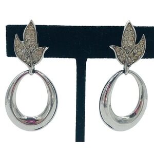 Givenchy Vintage Silver Crystal Rhinestone Clip On Drop Earrings